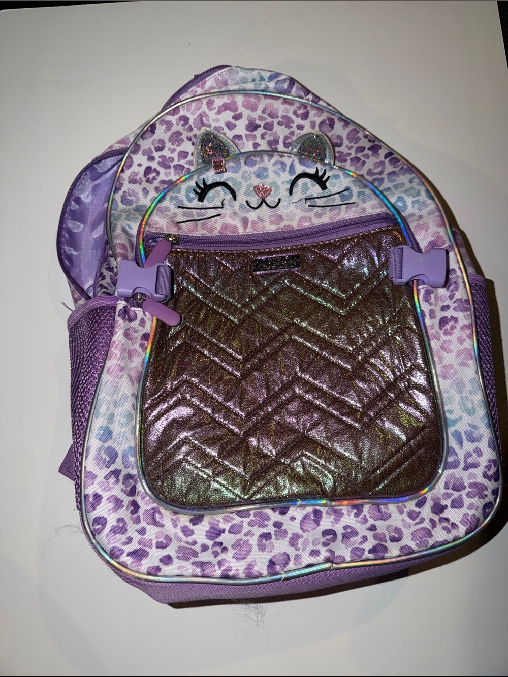 Kids Sparkle Cat Backpack - Purple Leopard Print
